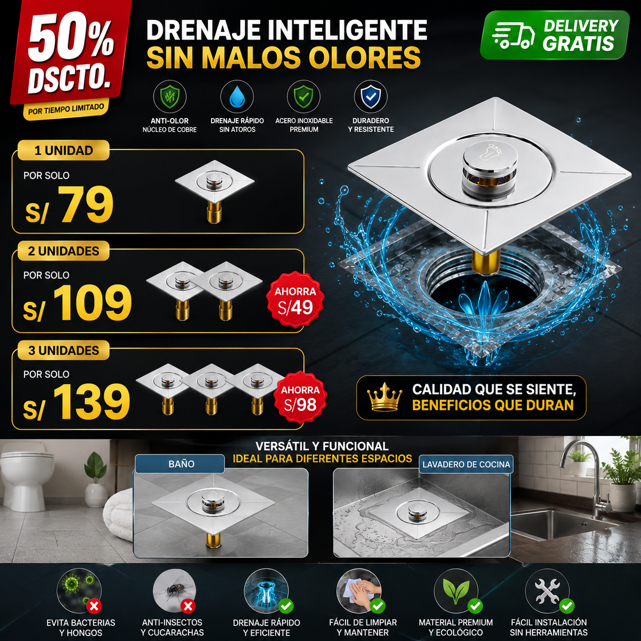 DrainLock™ | Drenaje Inteligente Antiolor de Acero Inoxidable
