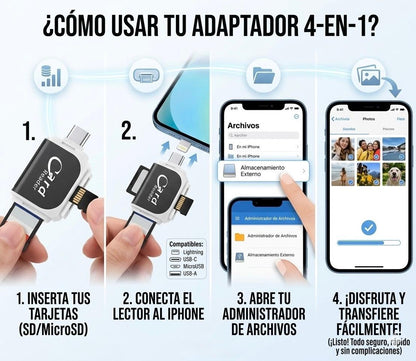 OTG PRO™ 4 EN 1 - TRANSFERIR EN 4K RÁPIDO (IPHONE Y ANDROID) - ADAPTADOR